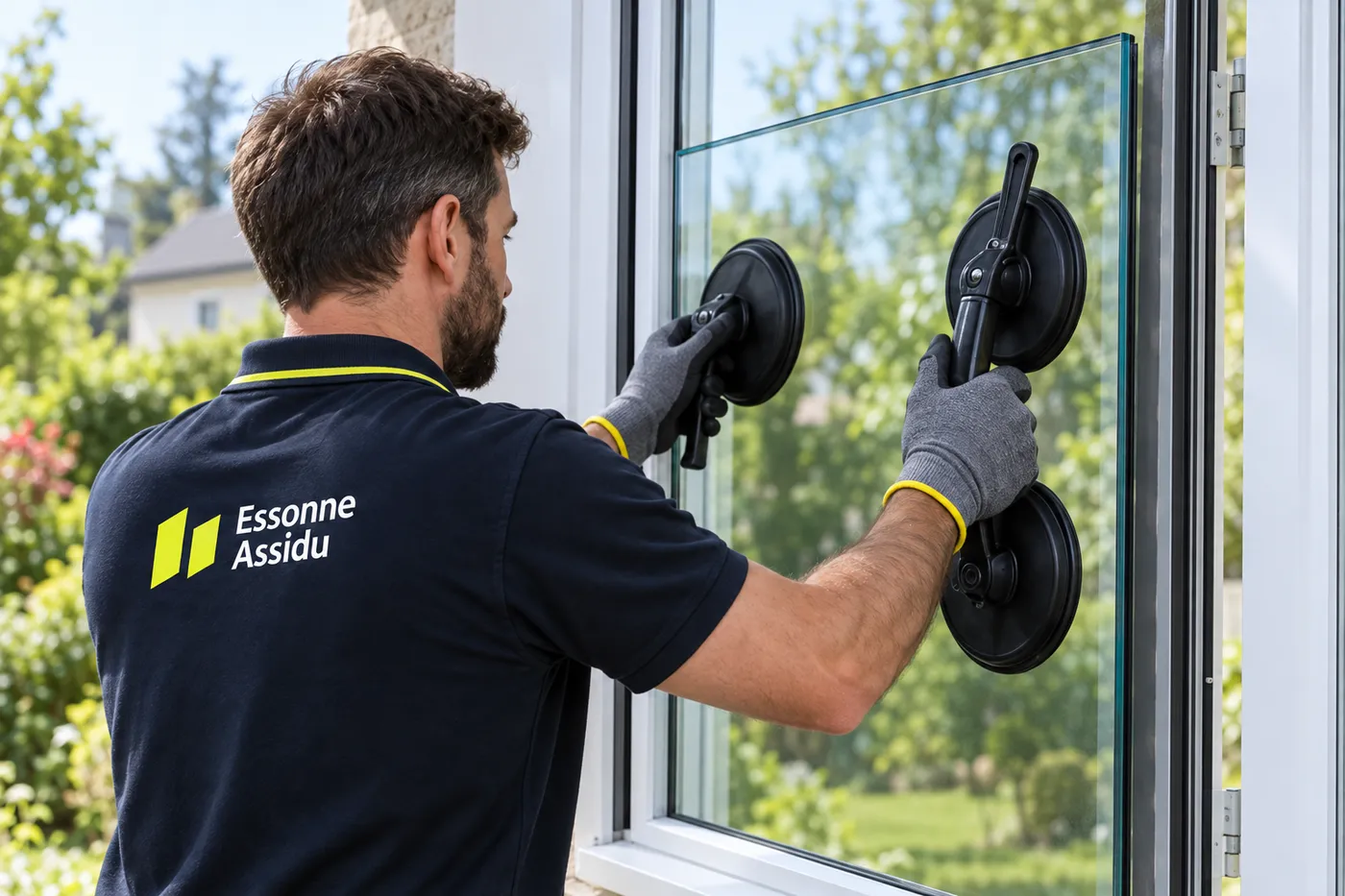Vitrier Essonne Assidu posant un double vitrage à la ventouse sur une fenêtre de maison dans l'Essonne